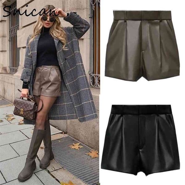 

snican high waist faux pu leather shorts za women bottom pantalon taille haute spring vintage solid short cuir femme 210724, White;black