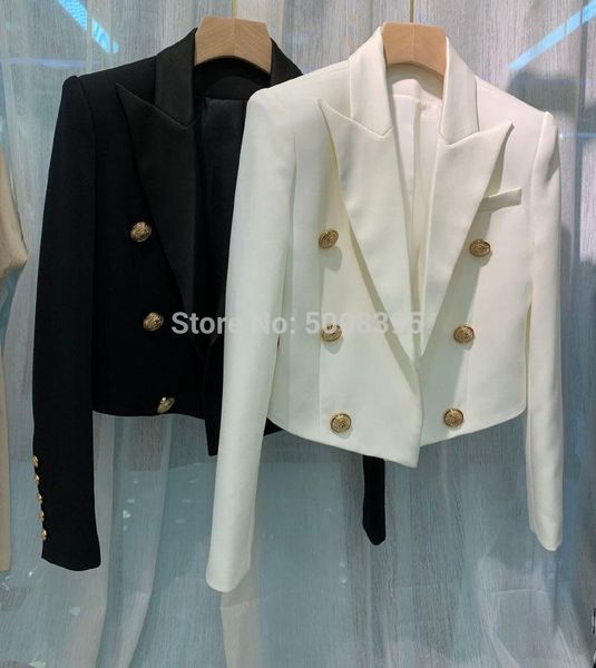 

[elfstyle] - classic black white short cropped blazer gold double breasted buttons long sleeved woman women's suits & blazers, White;black