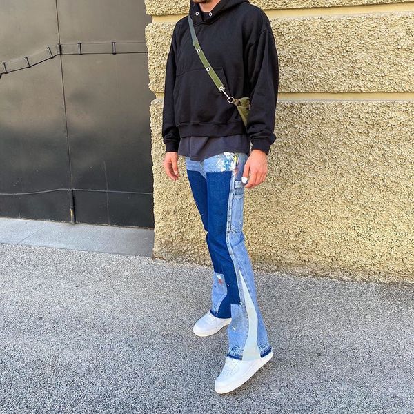 

2021 flare jeans streetwear patch mens wide leg jeans hip hop heavy wash blue slim fit denim pants men