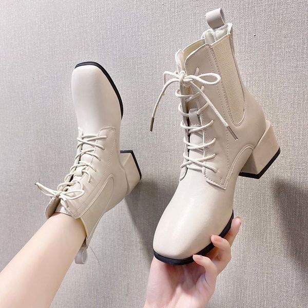 

short autumn and winter single boots 2021 thick middle heel square head fashion korean women's sho british style martin, Black