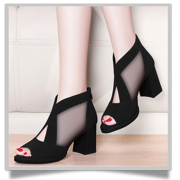 

black fashion hollow out peep toe high heels sandals 2021open chunky women mesh breathable platform shoes dress