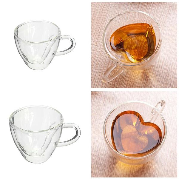 

mugs heart shaped heat resistant double wall layer clear glass tea cups mug, 240ml