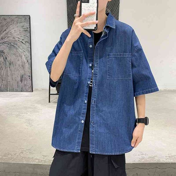 

men's casual shirts summer cotton denim fashion retro blue short-sleeved men streetwear loose pocket mens -2xl jzre, White;black