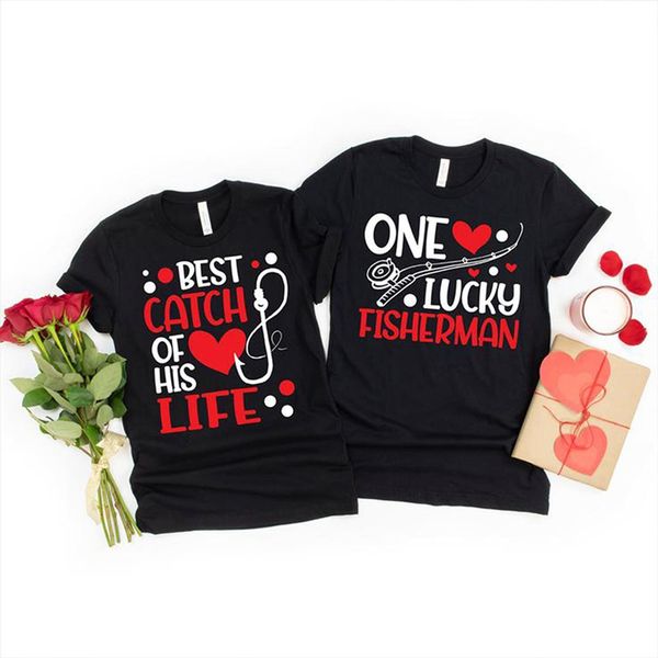 

couple men and one women t shirts lucky fisherman catch of his life print funny tee valentines day, White