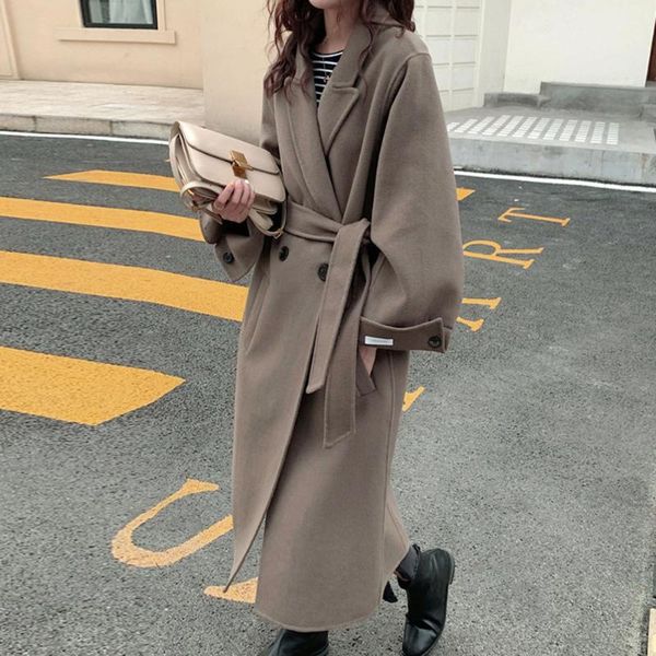 

women's wool & blends 2021 fall blend trench coat double-breasted pocket loose cardigans lace up outerwear belt solid overcoat winter, Black