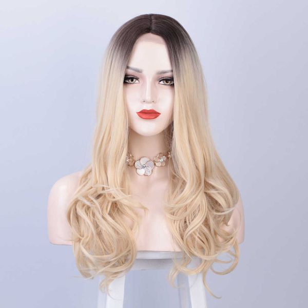 

wig lady front chemical fiber headgear long curly hair big wave small lace wig, Black