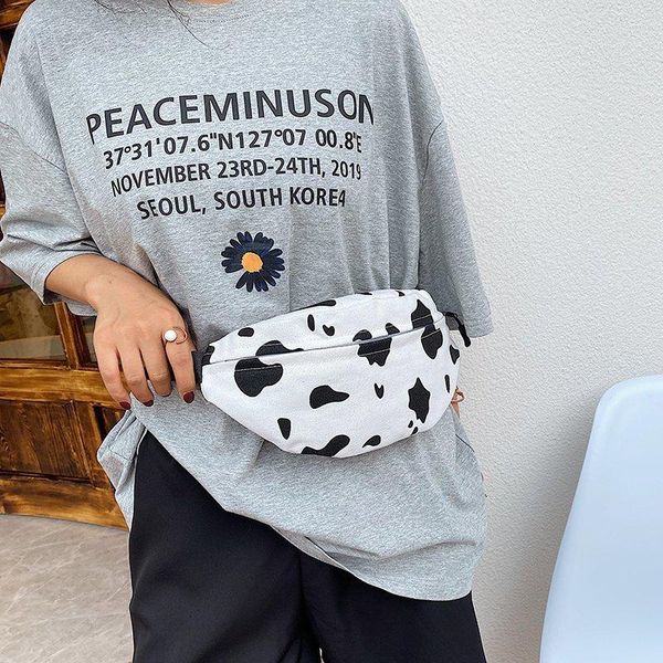 

waist bags cow print canvas belt for women fashion fanny pack female banana bag hip purse shoulder crossbody chest pocket