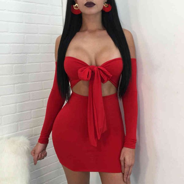 

summer women off shoulder long sleeve club dress hollow out red bow celebrity evening party mini lady 210423, Black;gray