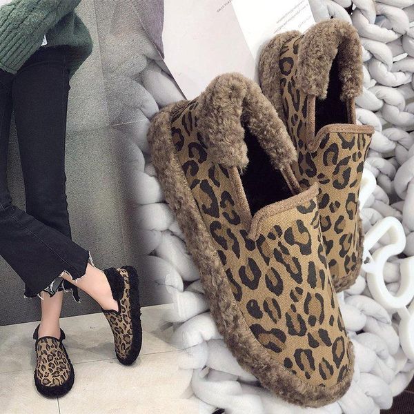 

boots winter korean one-step snow women leopard print plus velvet all-match flat casual lazy cotton shoes, Black