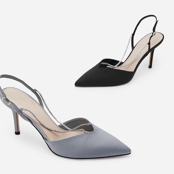 

dress shoes spring summer chain diamond ring pointed toe high-heeled sandals, fashionable stiletto single for women, Black