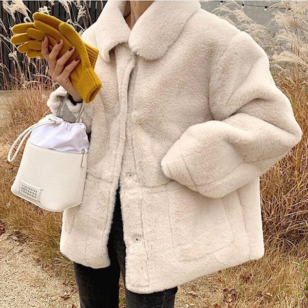 

women's jackets gagarich 2021 winter coat ladies korean retro elegant lapel single-breasted loose pockets thick warm plush long-sleeved, Black;brown