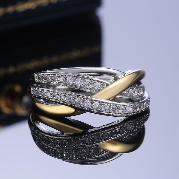 

exquisite trendy tow tone line winding cross rings for women white shiny zircon micro paved wedding party fashion jewelry gift, Slivery;golden