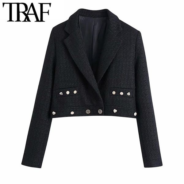 

women's suits & blazers traf women fashion with buttoned tweed cropped blazer coat vintage long sleeve welt pockets female outerwear ch, White;black