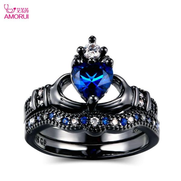 

wedding rings amouri fashion black gold roya blue love heart set vintage crown engagement/wedding ring for women jewelry drop, Slivery;golden