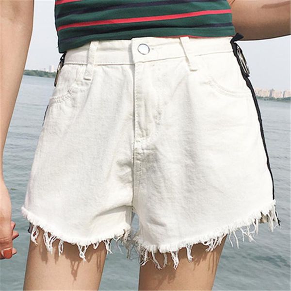 

women's shorts women high waist jeans summer harajuku minimalism thin tassel tide side double stripe korean hoop buckle, White;black