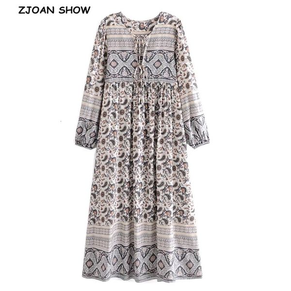 

casual dresses 2021 bohemia bandage lacing up collar grey paisley floral print dress boho woman hit color long sleeve maxi holiday, Black;gray