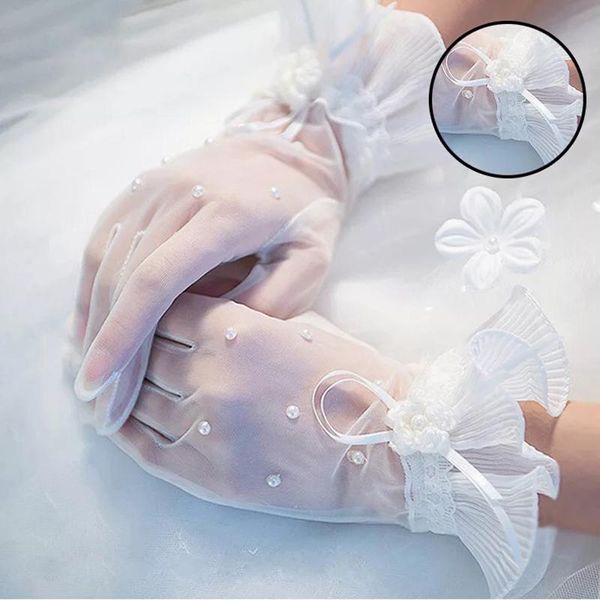

bridal gloves wedding glove women short wrist length pearls beaded ruffles party gifts accessories 2021 arrival, White