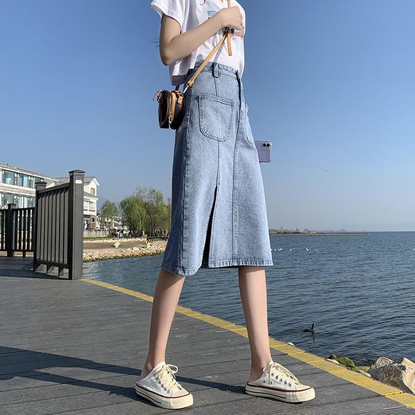 

women's 2021 new korean casual slim temperament light blue medium length a-line skirt, White