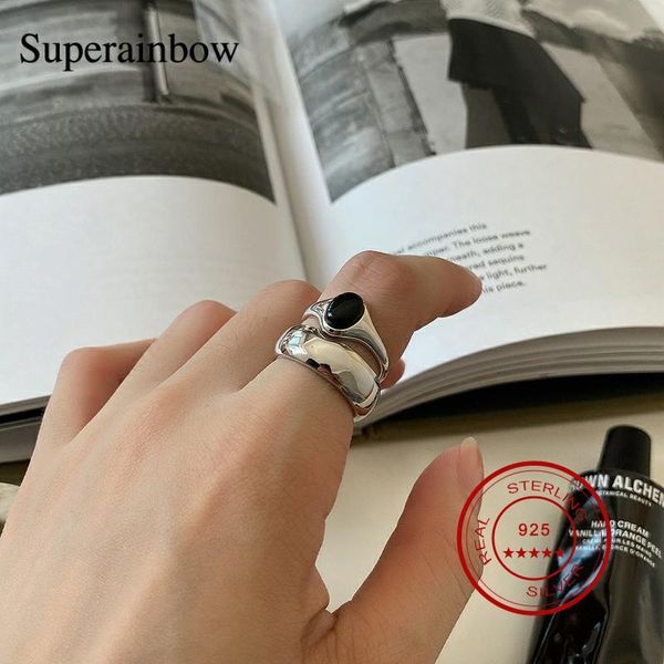 

cluster rings superainbow 925 sterling silver high polish black agate open finger ring for women men couple sr-r24, Golden;silver
