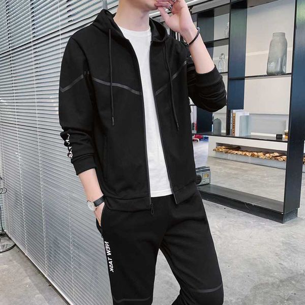 

hooded of a set spring and autumn cardigan matched with running leisure ruffian handsome men's jaet, Black