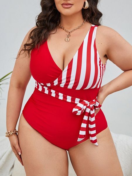 

plus striped knot one piece swimsuit z9lj#, Black