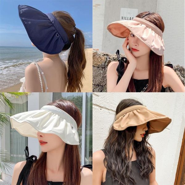 

wide brim hats 1piece folding korea style colorful summer hat women's sun visor anti-ultraviolet elastic hollow casual caps, Blue;gray