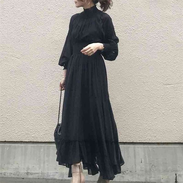 Neues schwarzes Kleid elegante koreanische Mode Frauen einteiliges Langarm hohe Taille Tunika Vestido Damen Rüschen lange Maxi Kleider 210409