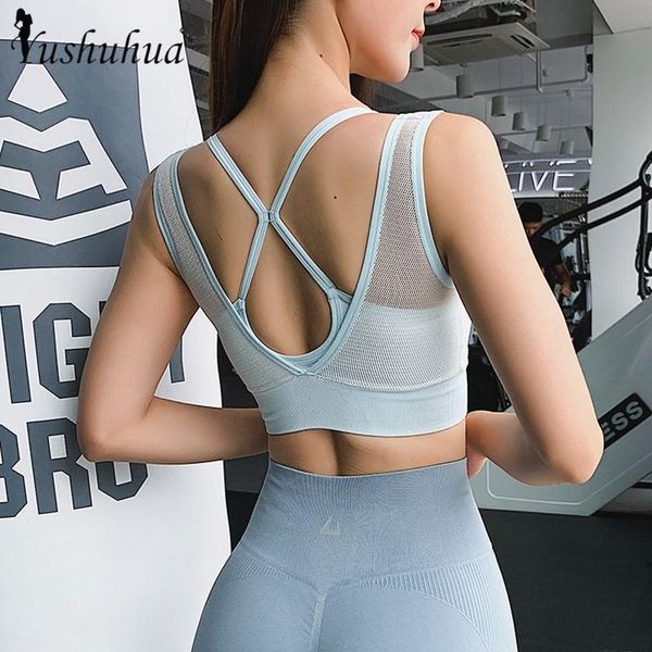

gym clothing yushuhua hollow out mesh sports bra women padded shockproof finess yoga double thin shoulder strap running, White;black