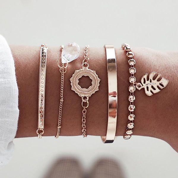 

link, chain diezi 5pcs/set vintage gold plated white water drop sun leaves bracelets & bangles bracelet sets for women jewelry, Black