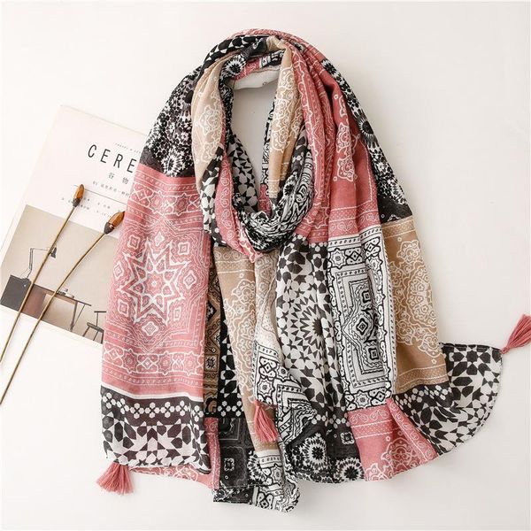 

scarves cotton and linen scarf women korean version of geometric striped fringe long style enlarged shawl wrap headscarf multi-function, Blue;gray