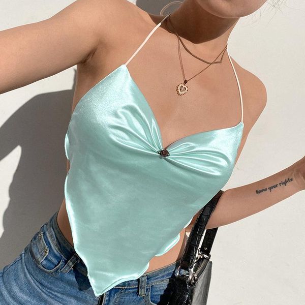 

women y2k satin backless crop halter cami summer tees fashion girls streetwear spaghetti strap party club women's tanks & cami, White