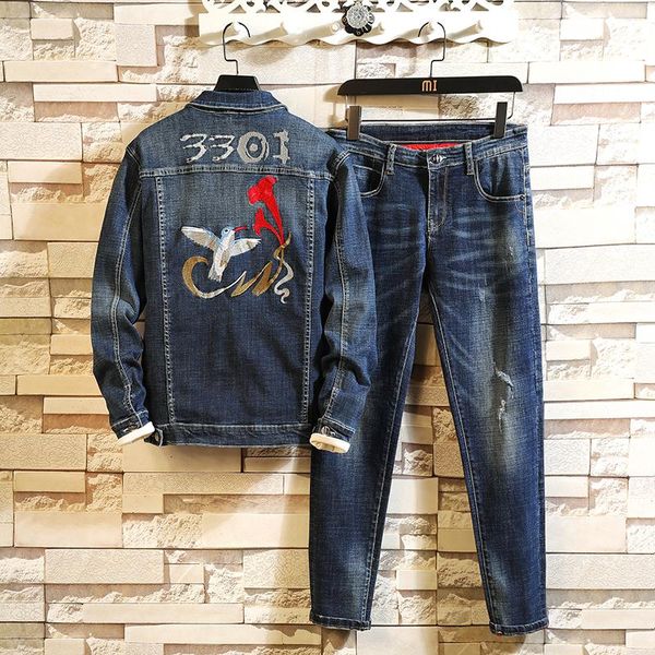 

men's tracksuits 2021 punk style blue 2 pieces sets tracksuit men brand autumn bird floral embroidery denim jackets+jeans pants male tw, Gray