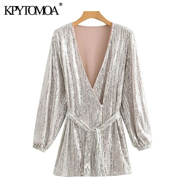 

women chic fashion with belt shiny sequin wrap mini dress vintage deep v neck long sleeve female dresses vestidos 210416, Black;gray