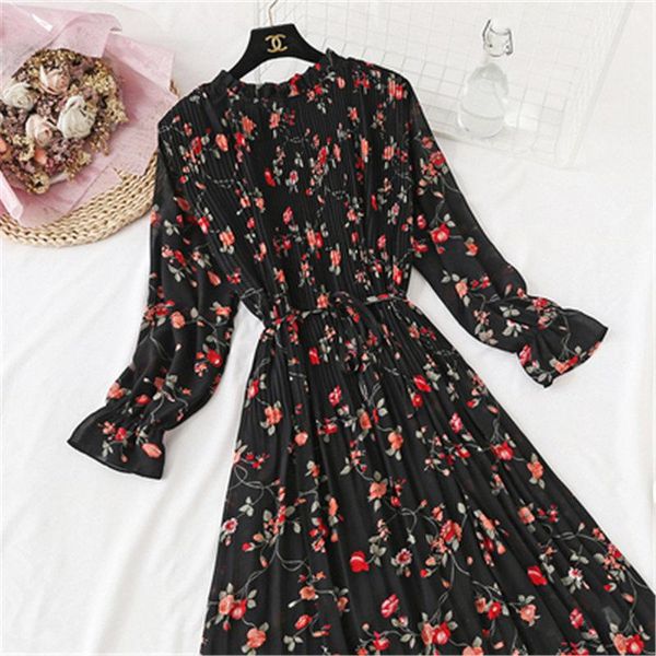 

casual dresses floral print chiffon dress24 colors women spring flare sleeve ruffle pleated long dress elastic waist vintage femme vestidos, Black;gray