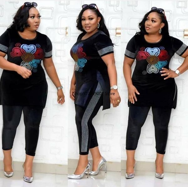 

velvet african dresses for women 2 piece set dashiki color diamonds dress pants clothes bazin famous suit vetement femme ethnic clothing, Red
