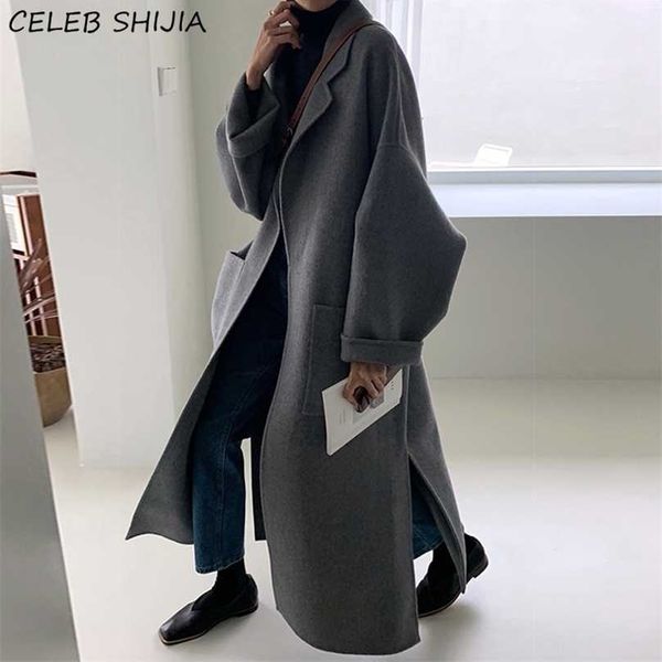 

chic gray woolen long coat woman autumn and winter turn-down neck wool jacket korean keep warm loose blends clothing fall 211022, Black