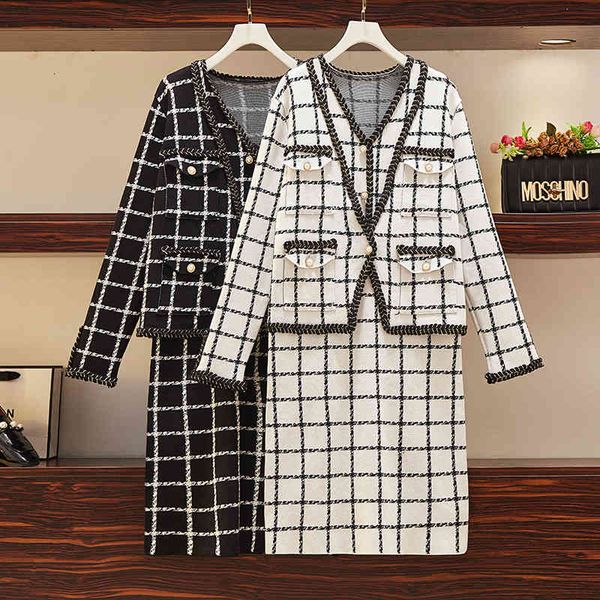 

skirt fall plaid knitted 2 set sweater cardigan & dress suits korean casual two piece outfits women clothing 9u80, Black