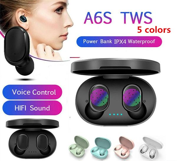 A6s TWS Fones de ouvido Fone de ouvido Bluetooth 5.0 Verdadeiro fone de ouvido sem fio com microfone para iPhone Xiaomi Huawei Samsung Smart Phones