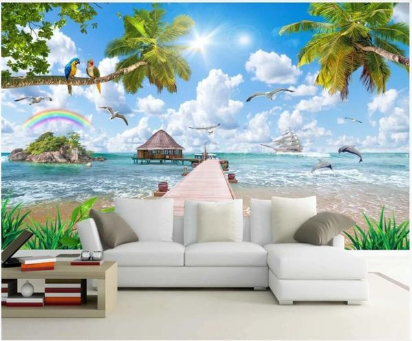 

wallpapers 3d po wallpaper custom mural seaside wooden bridge coconut palm dolphin seagull scenery living room for walls 3 d