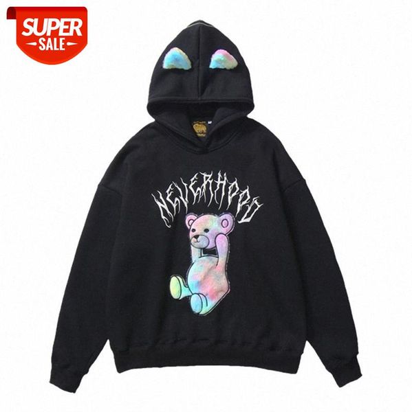 

autumn/winter cotton hedging national tide solid color casual collarless three-dimensional bear patch pocket hooded couple sweater #ar0z, Black