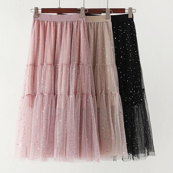 

Skirts skirts Spring Korean Satrs Sequined Boho Maxi Mesh Starry Metallic Patchwork Tulle A-line Ankle Long S INVJ, Black
