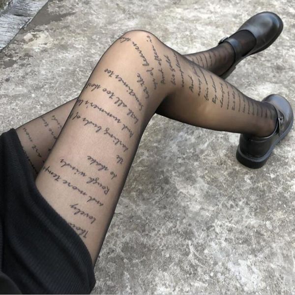 

woman tights inscriptions letter printed pantyhose fashion patterned tattoos transparent stockings socks & hosiery, Black;white