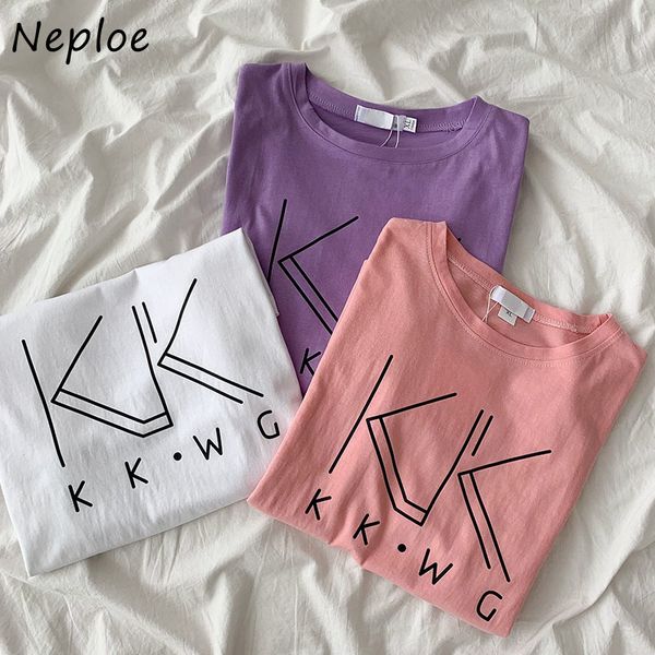 

neploe o neck pullover short sleeve t shirt women letter pattern loose tees femme summer loose ladies all match 210510, White