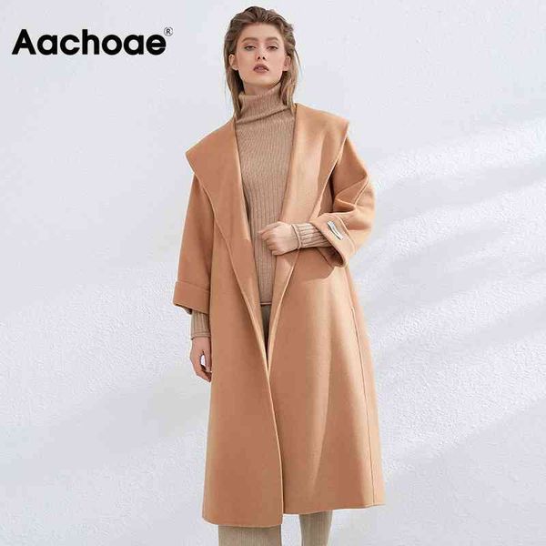 

aachoae winter elegant 100% wool coat women long woolen jacket female solid color back split overcoat with belt casual outerwear 210413, Black