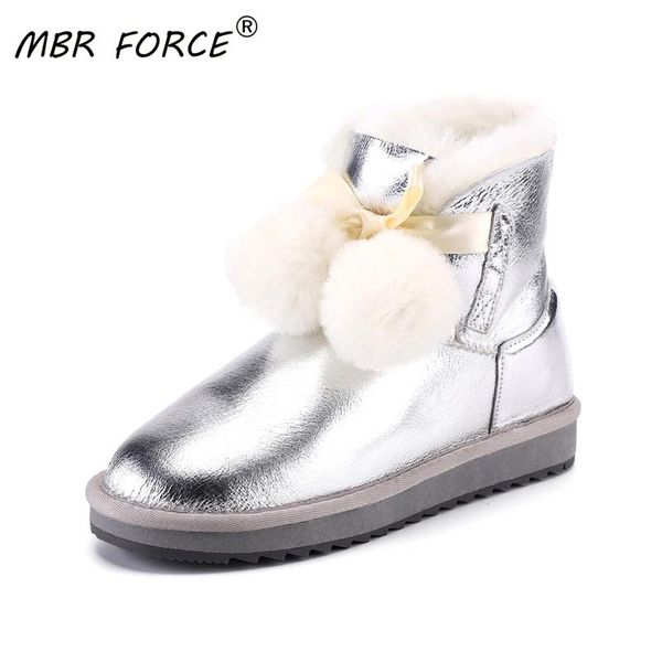 

boots mbr force fashion sheepskin suede leather shearling wool fur lined women winter shoes pom-pom snow girls waterproof woman, Black