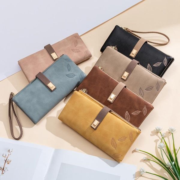 

wallets 2021 ladies long wallet korean pu leather frosted leaf buckle zipper clutch cute, Red;black