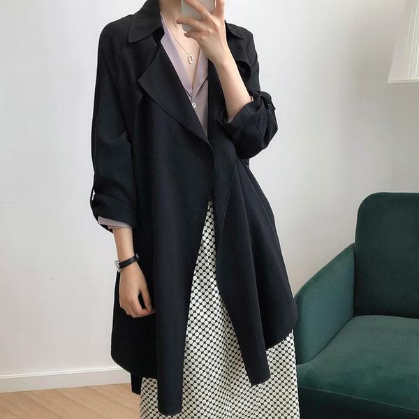 

women's trench coats 2021spring coat casual long sleeve sashes vintage slim loose white lady elegant woman clothing, Tan;black