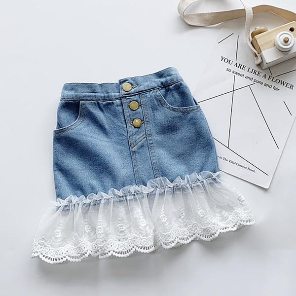 

summer fashion girl sweet and cute lace stitching washed denim skirt vinatge blue skirts