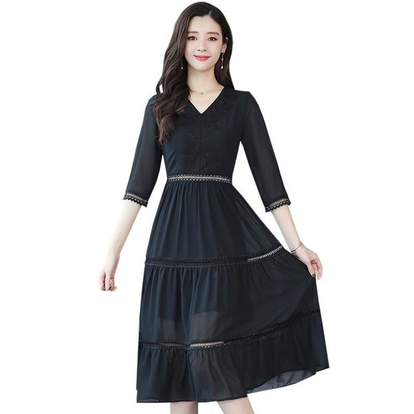 

casual dresses elegant chiffon long dress summer black fashion hollow out a-line vintage v-neck womens, Black;gray