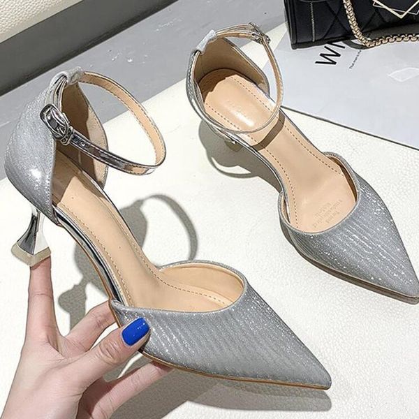 

dress shoes high heel women woman fashion pointy 2021 summer thin buckle single sequins pump d233, Black